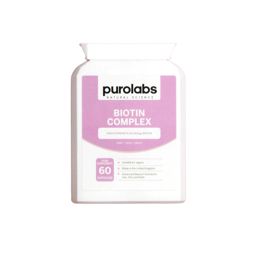 A bottle of Biotin Complex, perfect for nourishing hair, skin, and nails.