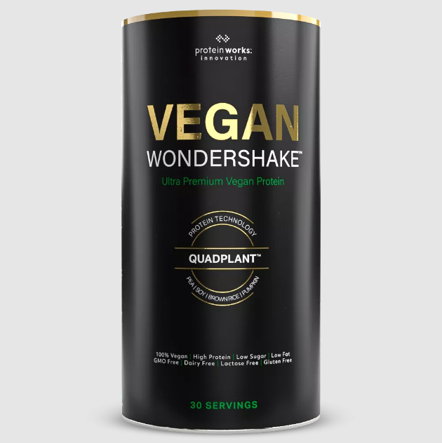 A container jar of Vegan Wondershake that contains 30 servings.